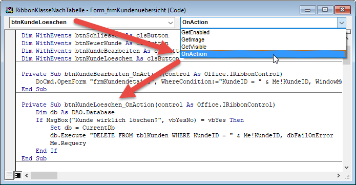 Anlegen einer Ereignisprozedur für eine Ribbon-Schaltfläche