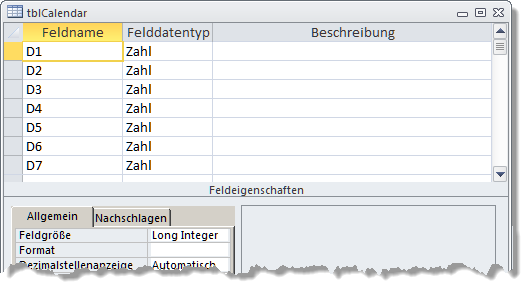 Die Tabelle tblCalendar als Basis für den Kalender im Eigenbau