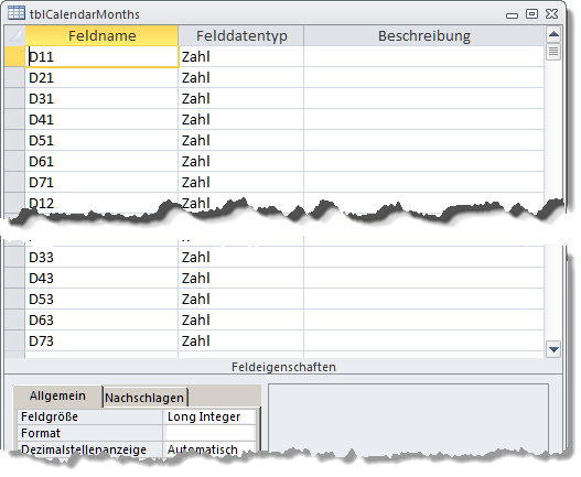 Ausschnitt der Monatskalendertabelle in der Entwurfsansicht