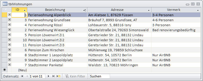 Die Tabelle tblWohnungen speichert alle vermiet- und belegbaren Objekte