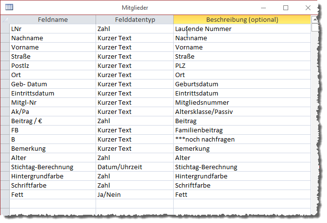 Datenmodell der Tabelle nach dem Umbenennen und Entfernen unnötiger Felder