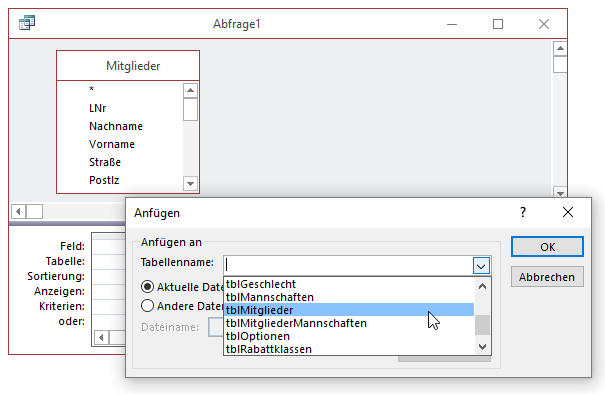 Angabe der Zieltabelle