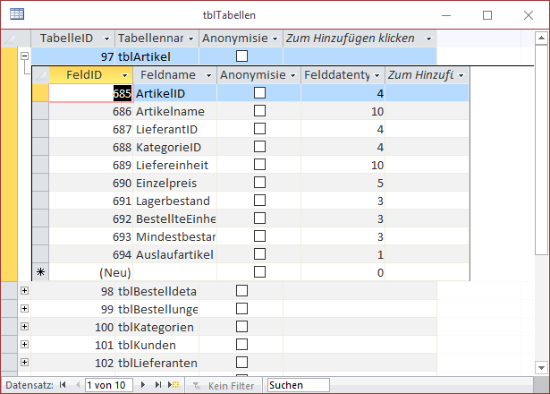 Tabelle mit Unterdatenblatt