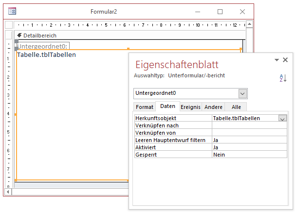 Einrichten eines Unterformulars mit Tabelle plus Unterdatenblatt