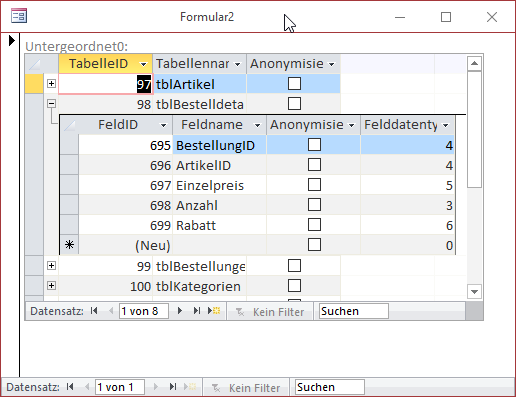 Unterformular mit Tabelle plus Unterdatenblatt