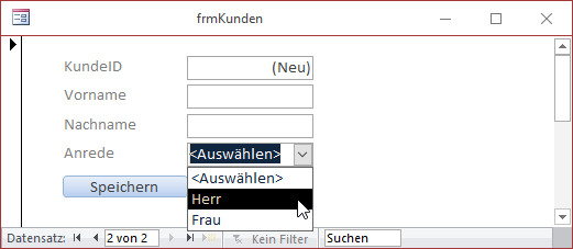 Ein Kombinationsfeld, das nicht den Wert 0 oder Null liefern soll