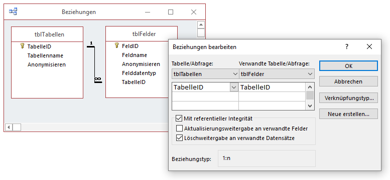 Beziehung zwischen den beiden Tabellen tblTabellen und tblFelder