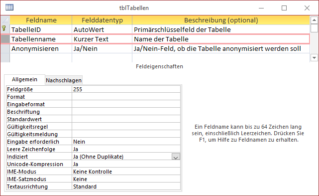 Entwurf der Tabelle tblTabellen