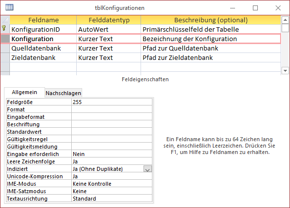 Entwurf der Tabelle tblKonfigurationen