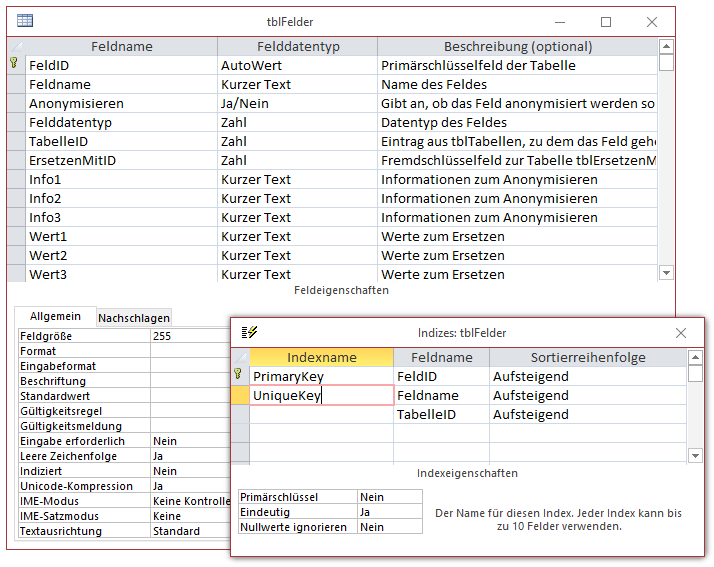 Entwurf der Tabelle tblFelder