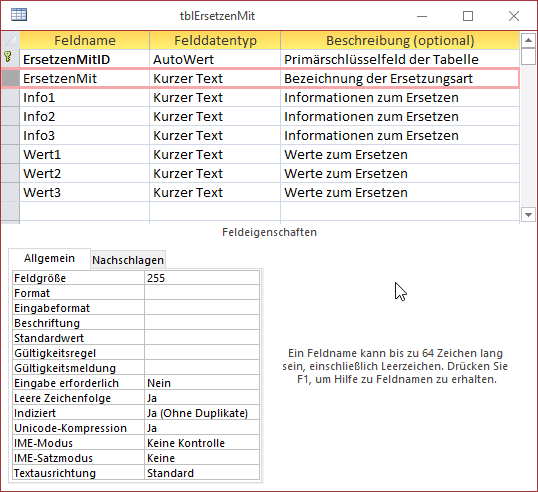 Entwurf der Tabelle tblErsetzenMit