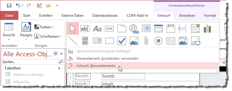 Öffnen des Dialogs zum Hinzufügen von ActiveX-Steuerelementen