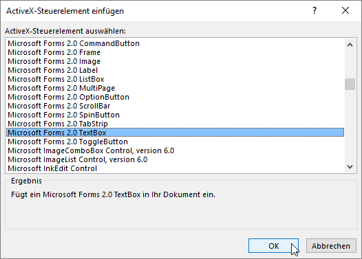 Der Dialog zur Auswahl von ActiveX-Steuerelementen