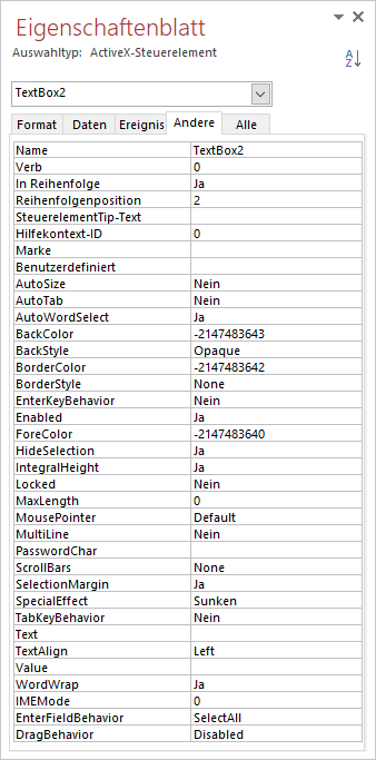 Eigenschaften der MSForms-TextBox