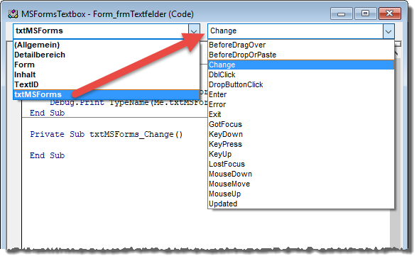 Anlegen von Ereignisprozeduren für MSForms-Steuerelemente