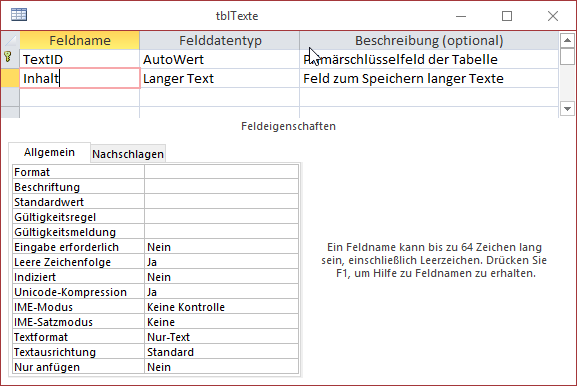 Tabelle zum Speichern langer Texte