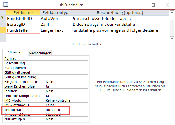 Tabelle zum Speichern der Fundstellen