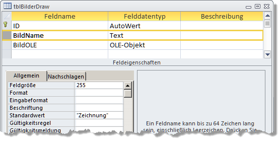 Die Tabelle tblBilderDraw speichert nur die gemalten Grafiken und ihren Namen neben der ID