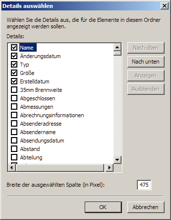 Liste der Dateieigenschaften im Details-Dialog des Explorer für Ordner