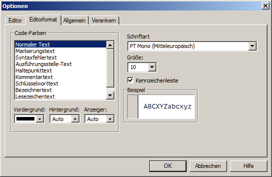 Über die Optionen der VBA-Umgebung lassen sich mehrere Schriftarten und Stile einstellen
