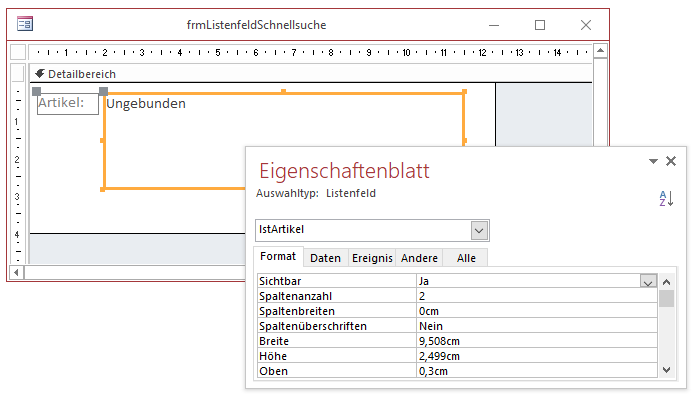 Entwurfsansicht des Beispielformulars