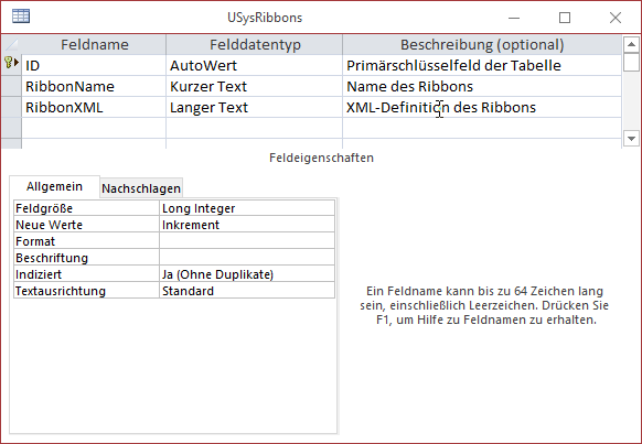 Definition der Tabelle USysRibbons