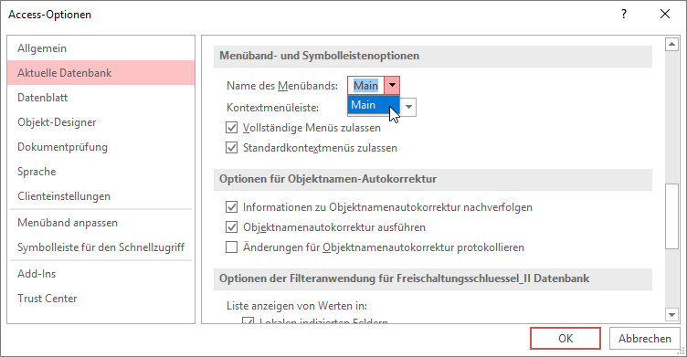 Auswahl des Ribbons in den Einstellungen der Datenbank