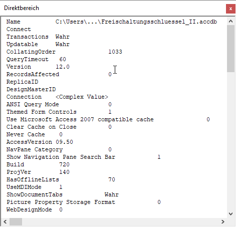 Ausgabe der Properties einer Datenbank