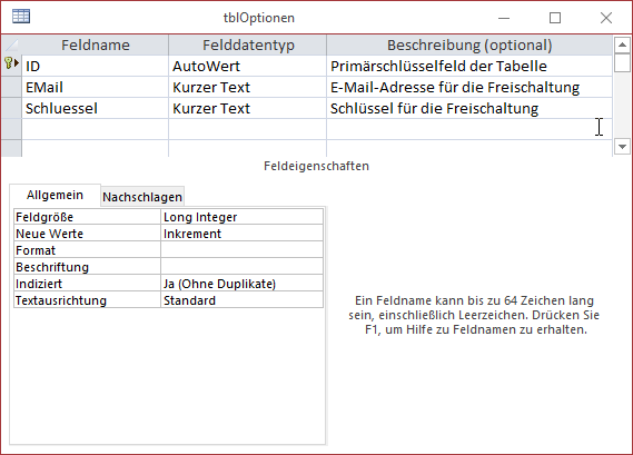 Tabelle zum Speichern der Freischaltungsdaten