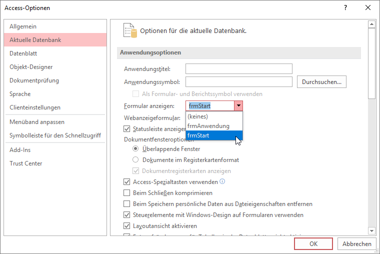 Einstellen des Formulars frmStart als Startformular