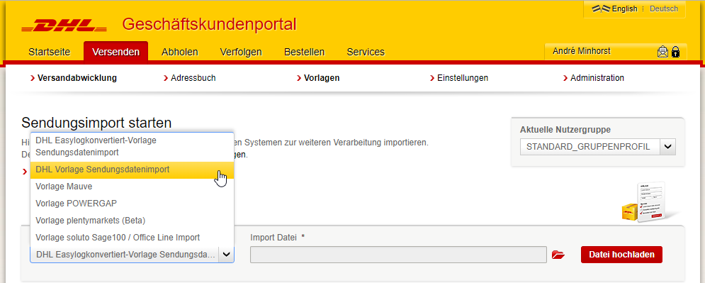 Maske zum Hochladen der CSV-Datei