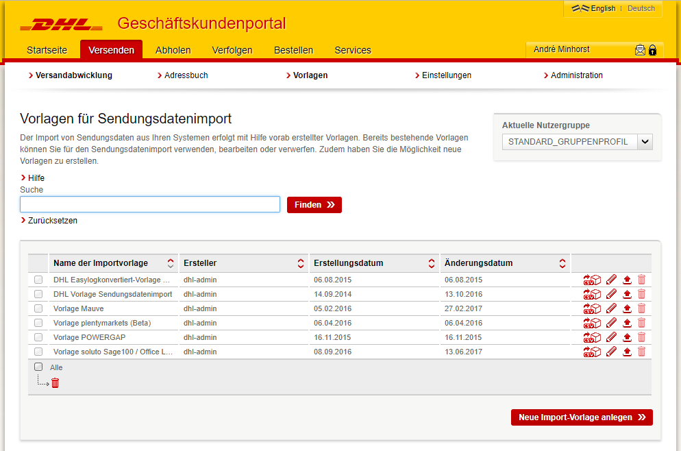 Auswahl einer CSV-Vorlage