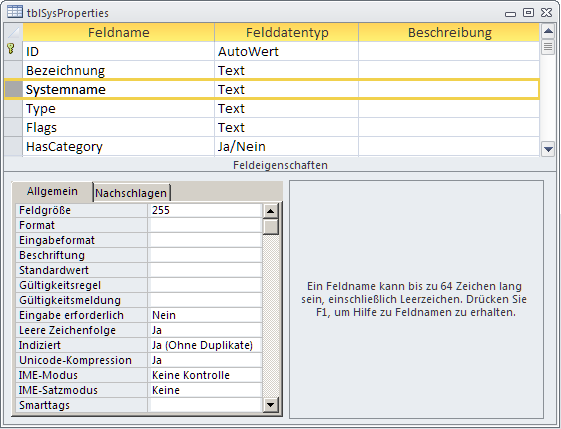 In der Entwurfsansicht der Tabelle tblSysProperties ist das Feld Systemname eindeutig indiziert