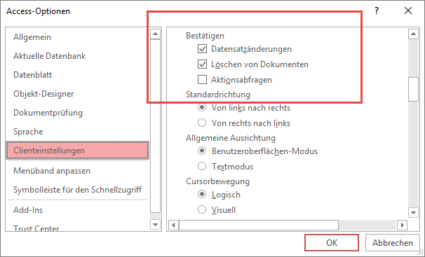 Einstellungen für verschiedene Änderungen