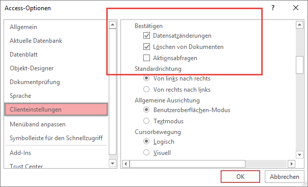 Einstellungen für verschiedene änderungen