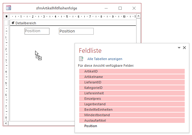 Hinzufügen der Felder zum Unterformular