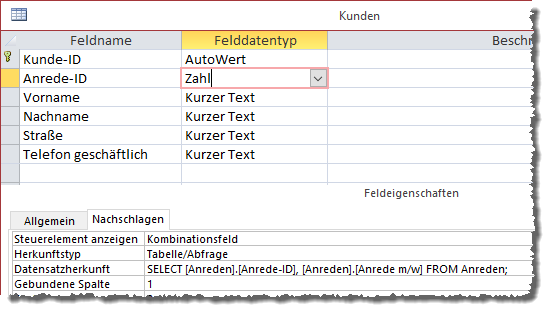 Verweis auf andere Tabelle im Tabellenentwurf