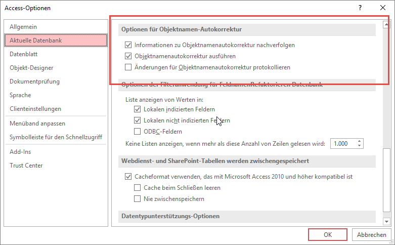 Einstellungen für die Objektnamen-Autokorrektur