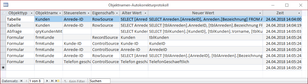 Änderungen durch die Objektnamen-Autokorrektur