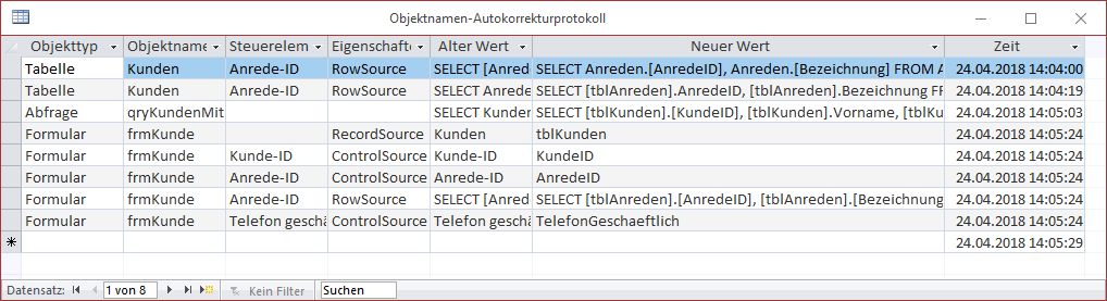 änderungen durch die Objektnamen-Autokorrektur