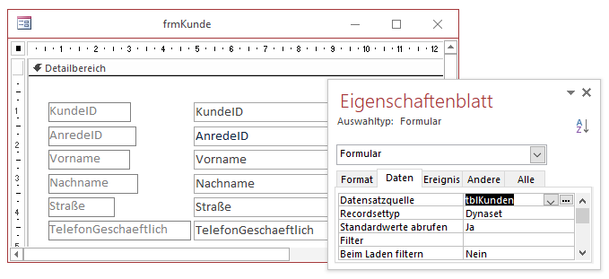 Formular mit geänderten Steuerelementinhalten und Quelltabelle