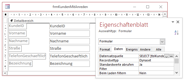 Auch mit einer Abfrage als Datenherkunft gelingt die Autokorrektur.