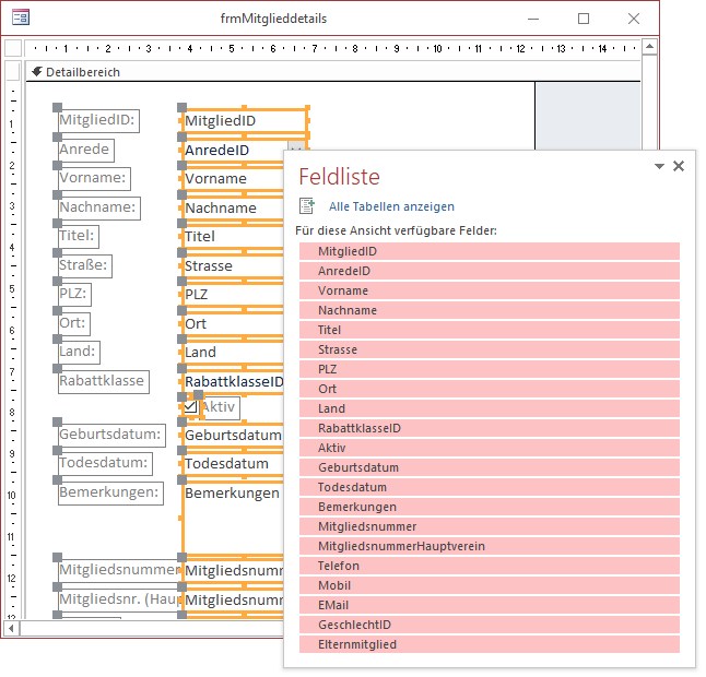 Hinzufügen der Felder zum Formular frmMitglieddetails