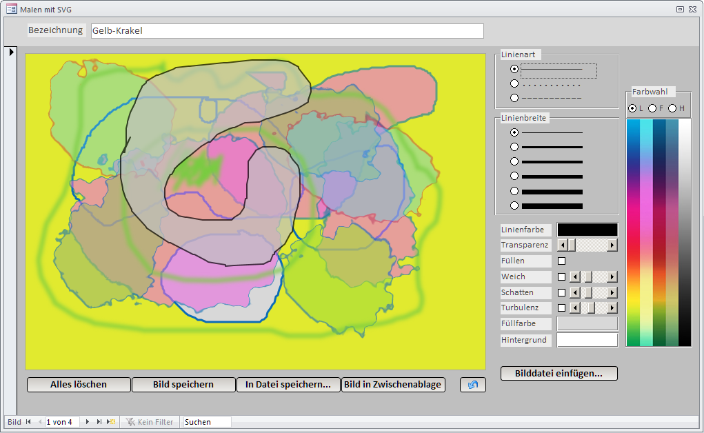 Zur Laufzeit entsteht im Formular beim Malen mit verschiedenen Werkzeugeinstellungen additiv eine speicherbare SVG-Grafik.