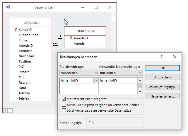 Anlegen einer Beziehung mit referenzieller Integrität, aber ohne Löschweitergabe