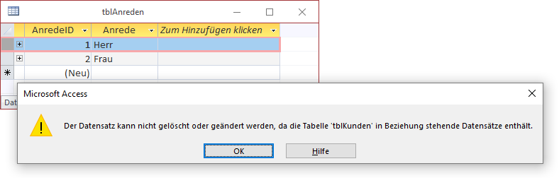 Ohne Löschweitergabe werden verknüpfte Datensätze auf der n-Seite der Beziehung geschützt.