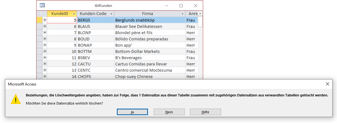 Bei aktiver Löschweitergabe erscheint mit Standardoptionen diese Meldung beim Versuch, einen Datensatz mit verknüpften Daten zu löschen.