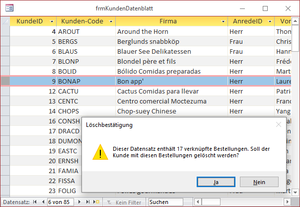 Meldung beim Versuch, einen Kundendatensatz mit verknüpften Bestelldatensätzen zu löschen