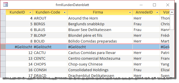 Der Datensatz wird als gelöscht markiert, aber die Zeile verschwindet nicht.