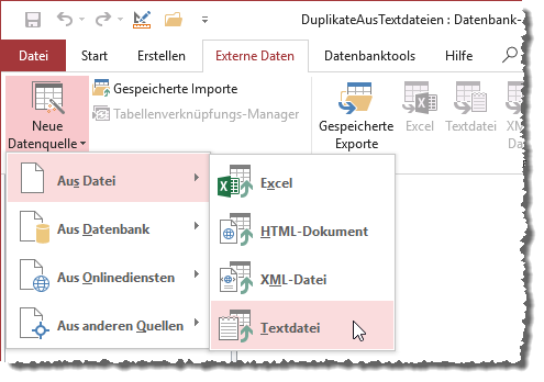 Start des Imports einer Textdatei